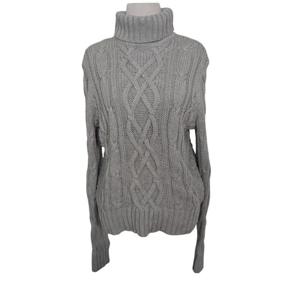 Lands End Cable Knit Drifter Turtleneck Womens Size Medium Gray Chunky Fisherman - Picture 1 of 9
